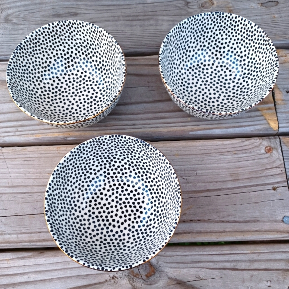 3- Thyme and Table Dotted & Gold Trim Stoneware Bowls